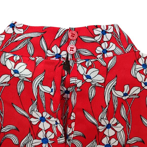 Vila Blouse Red with White Floral Print Size M/L Short Sleeve High Neck Ruffled - Picture 7 of 11